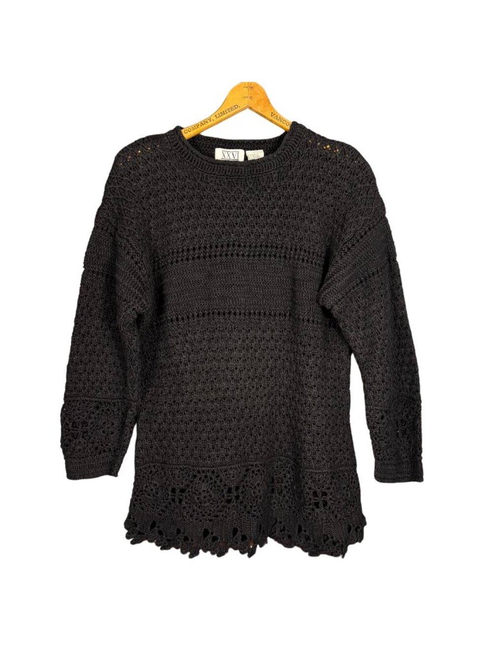 Vintage 90s Black Crochet Knit Top, Tunic, Festival Western Grunge